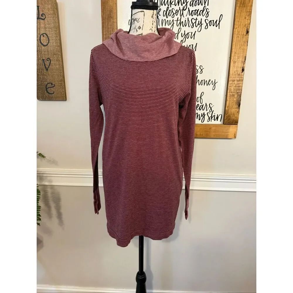 Athleta Women's Striped Cowl Neck Wool Blend Tunic Sweater Burgundy XL